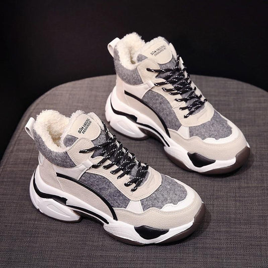 Women’s High-Top Sneakers – Chunky Sole – Plush Lining – Textured Panels – Casual Fit Gray