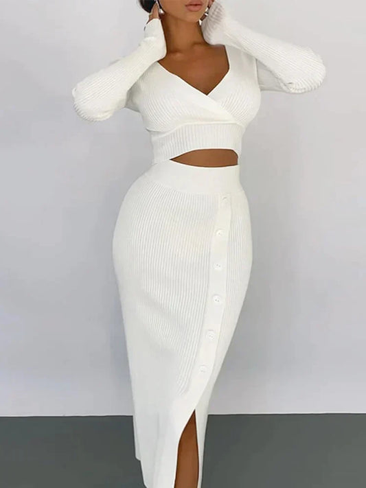 Women's Knit 2-Piece Set - V-Neck Crop Top & Midi Skirt - KnitChic