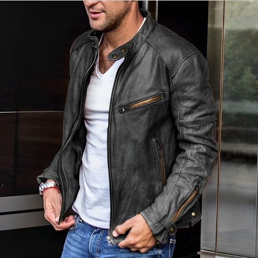Men's Vintage PU Leather Jacket Stand-Up Collar - RetroEdge Black