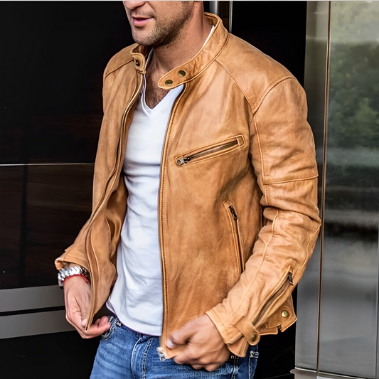 Men's Vintage PU Leather Jacket Stand-Up Collar - RetroEdge Beige