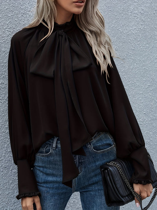 Elegant Tie-Neck Blouse with Puff Sleeves - RuffleChic