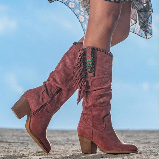 Women's Knee-High Western Boots Faux Suede Fringe Studded - UrbanStyle
