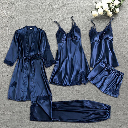 Women's Satin 5-Piece Sleepwear Set - Luxe Lace Trim - SatinDreams