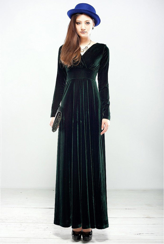 Women’s Evening Dress – Velvet – Wrap Bodice – V-Neck – Long Sleeve – Floor Length Green