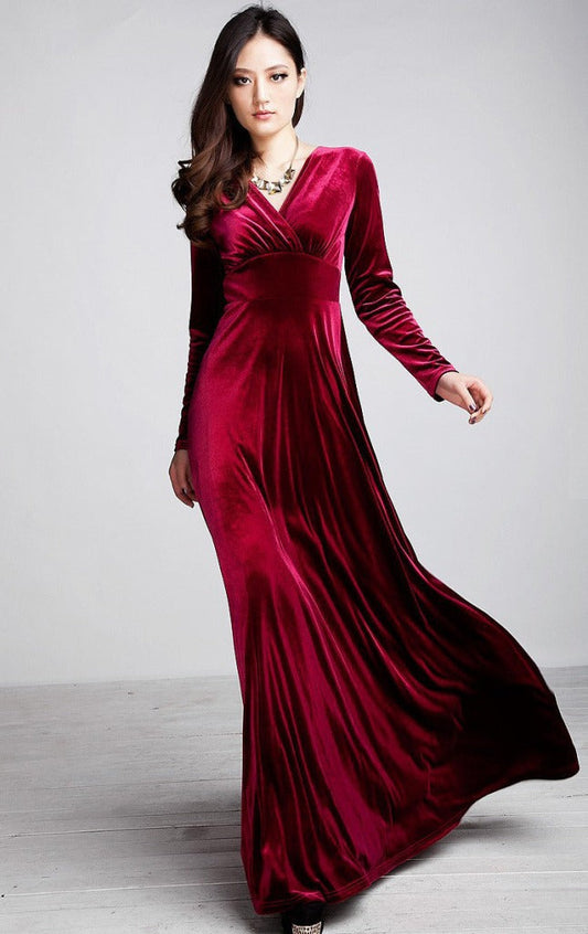 Women’s Evening Dress – Velvet – Wrap Bodice – V-Neck – Long Sleeve – Floor Length Claret