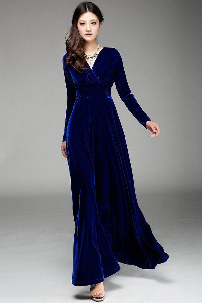 Women’s Evening Dress – Velvet – Wrap Bodice – V-Neck – Long Sleeve – Floor Length Dark Blue