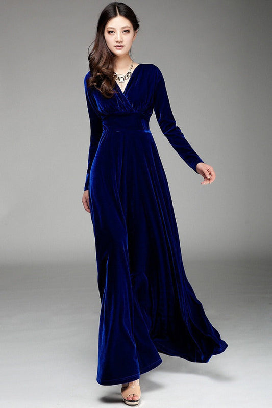 Women’s Evening Dress – Velvet – Wrap Bodice – V-Neck – Long Sleeve – Floor Length Dark Blue