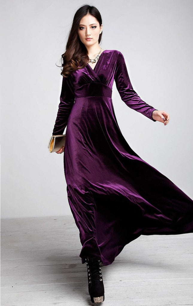 Women’s Evening Dress – Velvet – Wrap Bodice – V-Neck – Long Sleeve – Floor Length Purple
