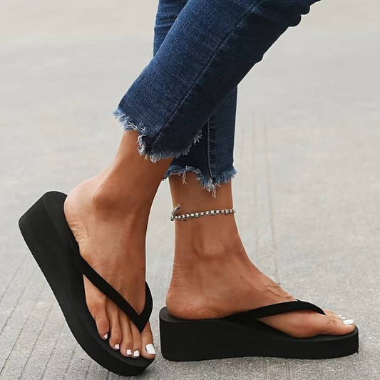 Women’s Flip Flops – Platform Wedge – Cushioned Sole – Casual Thong Strap Sandals Black