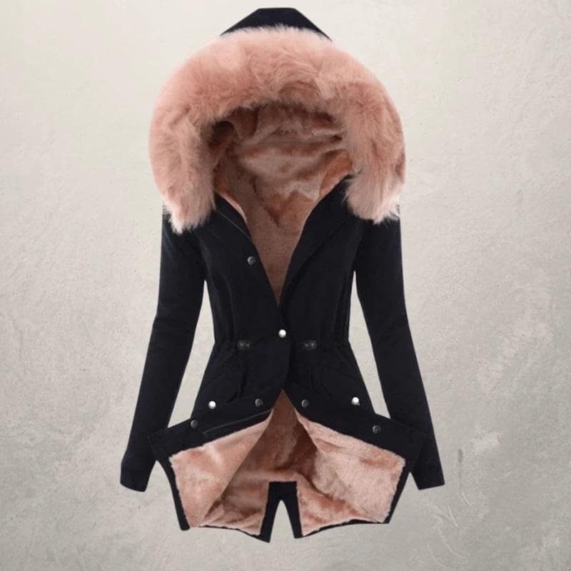 Women’s Parka Jacket – Mid-Length Fit – Faux Fur Lined – Hooded with Button Closure Black Pink
