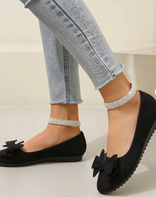 Women’s Ballet Flats – Suede-Look – Slip-On – Bow Detail – Casual Footwear Black