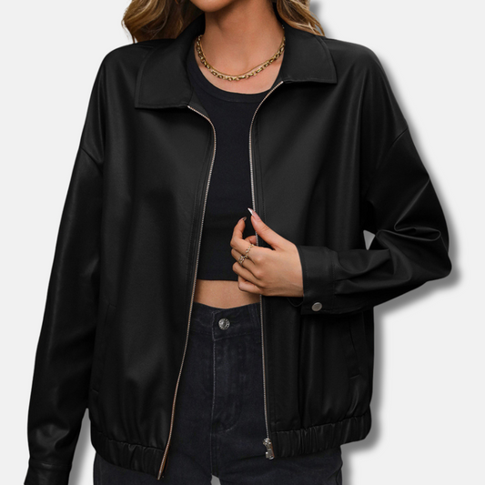 Women's PU Leather Biker Jacket Relaxed Fit Cropped - UrbanEdge