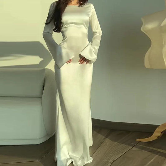 Satin Maxi Dress for Women - Floor Length Flared Sleeve - EveningFlair