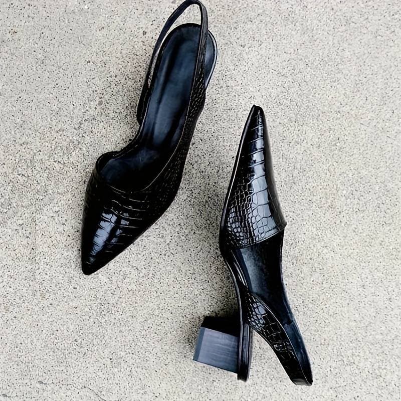 Women’s Slingback Heels – Crocodile-Embossed – Pointed Toe – Mid Block Heel – Elegant Fit Black
