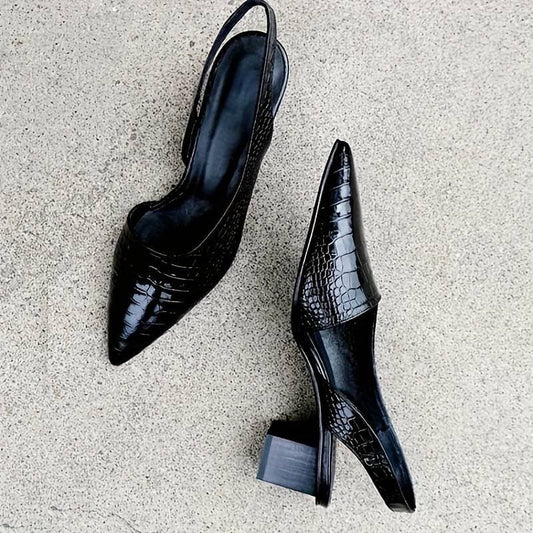 Women’s Slingback Heels – Crocodile-Embossed – Pointed Toe – Mid Block Heel – Elegant Fit Black