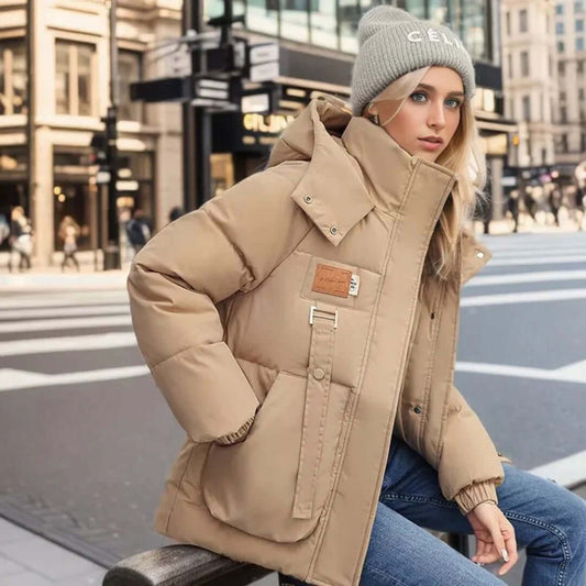 Women’s Quilted Jacket – Relaxed Fit – Hooded – Padded – Ribbed Cuffs – Front Pockets Khaki