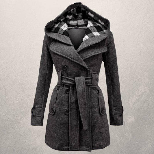 Women's Wool Blend Hooded Coat - Chic Belted Winter Overcoat - WinterGrace