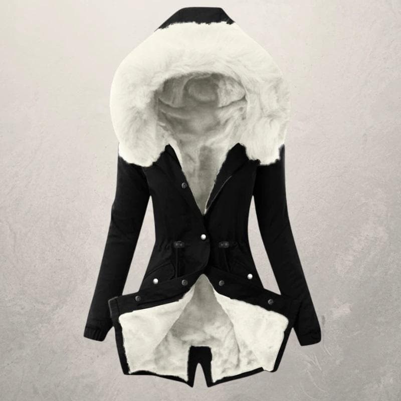 Women’s Parka Jacket – Mid-Length Fit – Faux Fur Lined – Hooded with Button Closure Black White