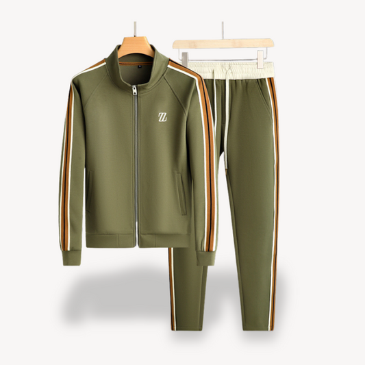 Men’s Tracksuit Set – Slim Fit – Side Stripe – Zip Jacket & Drawstring Joggers Green
