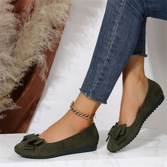 Women’s Ballet Flats – Suede-Look – Slip-On – Bow Detail – Casual Footwear Dark Green
