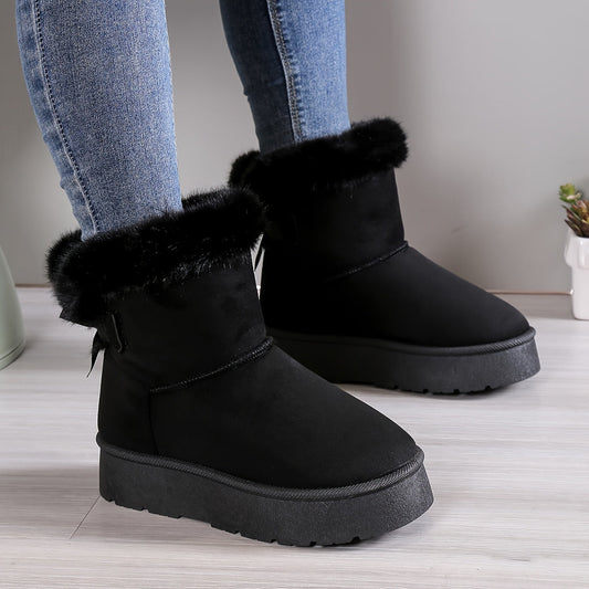 Women’s Ankle Boots – Suede Finish – Faux Fur Lined – Platform Sole – Bow Detail Black