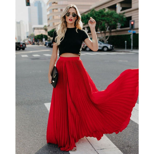 Women's High-Waist Maxi Skirt - Elegant Pleated Flowing Skirt - BellaBloom
