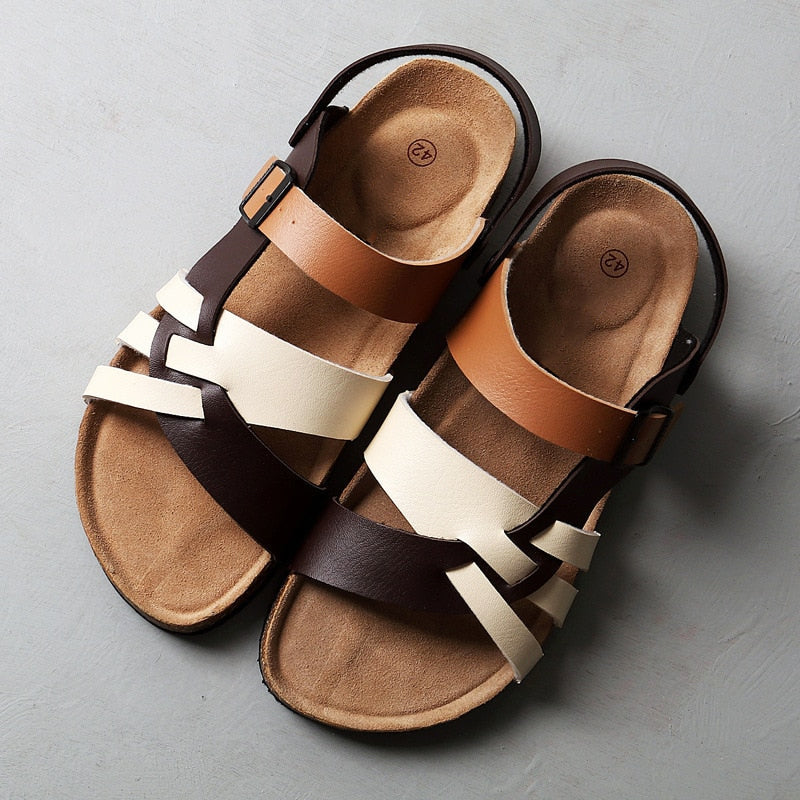 Men’s Leather Sandals - Multi-Strap Design - Cushioned Footbed - Adjustable Buckle Brown