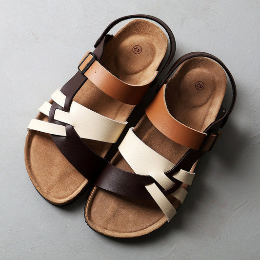Men’s Leather Sandals - Multi-Strap Design - Cushioned Footbed - Adjustable Buckle Brown