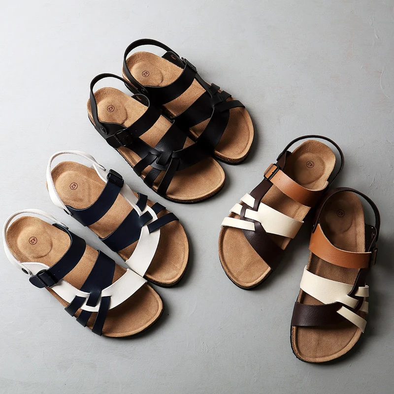Men’s Leather Sandals - Multi-Strap Design - Cushioned Footbed - Adjustable Buckle