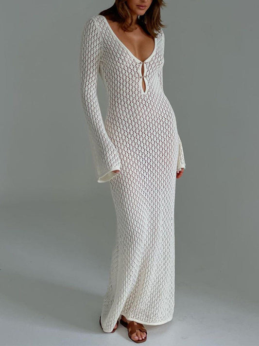 Women's Crochet Knit Maxi Dress - Breezy V-Neck, Beach Bella
