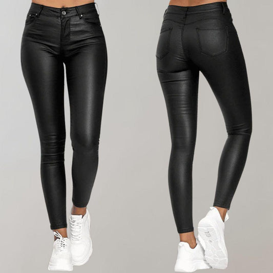 Women's High-Waisted Coated Pants - Stretch Skinny Ankle Trousers - LuxeFit