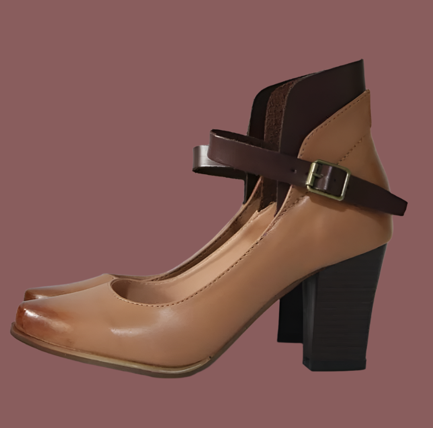 Women’s Block Heel Shoes – Leather Look – Ankle Strap – Closed Toe – Elegant Fit Brown