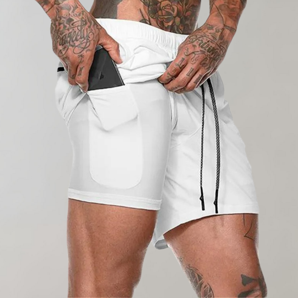 Men’s Fitness Shorts – Slim Fit – 2-in-1 Design – Breathable Stretch – Inner Pocket White