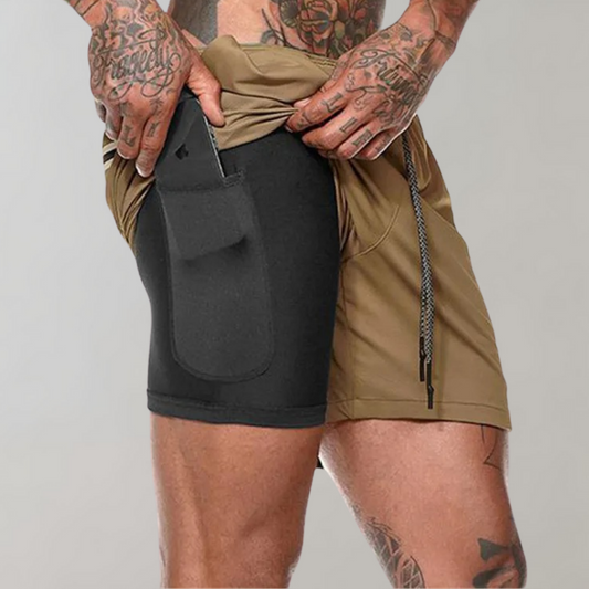 Men’s Fitness Shorts – Slim Fit – 2-in-1 Design – Breathable Stretch – Inner Pocket Khaki