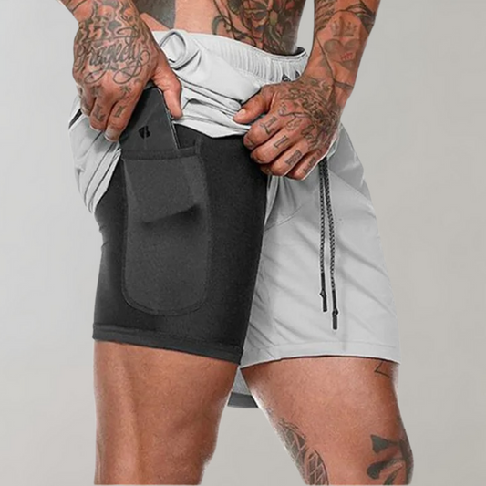 Men’s Fitness Shorts – Slim Fit – 2-in-1 Design – Breathable Stretch – Inner Pocket Light Gray