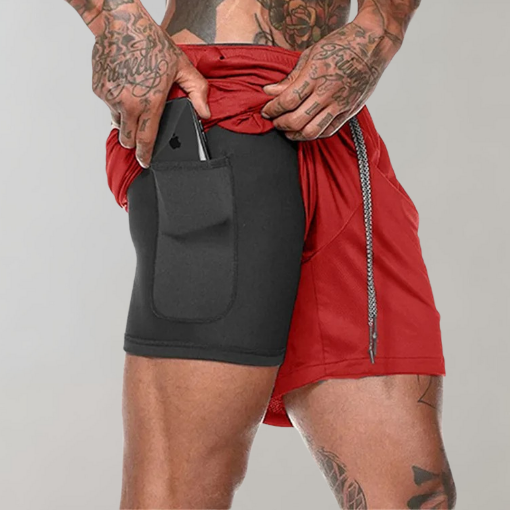 Men’s Fitness Shorts – Slim Fit – 2-in-1 Design – Breathable Stretch – Inner Pocket Red