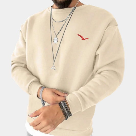 Men’s Sweater – Relaxed Fit – Cotton – Crew Neck – Ribbed Cuffs – Casual Wear Beige