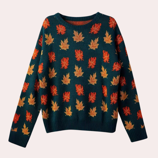 Women's Knitted Leaf Sweater - Elegant Autumn Charm - AutumnWeave