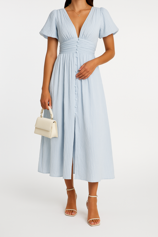 Women's Checkered Maxi Dress V-Neck Puff Sleeve - SummerFlair