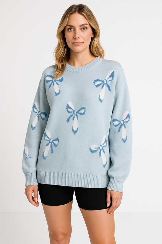 Women's Wool Knit Sweater Oversized Jacquard Bow - BowKnit