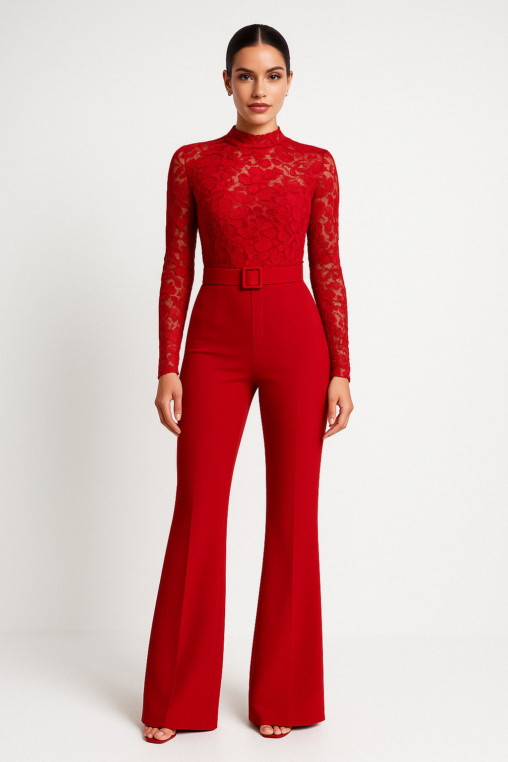 Women’s Jumpsuit – Tailored Fit – Lace Long Sleeve Top – Belted Waist – Flared Legs Red