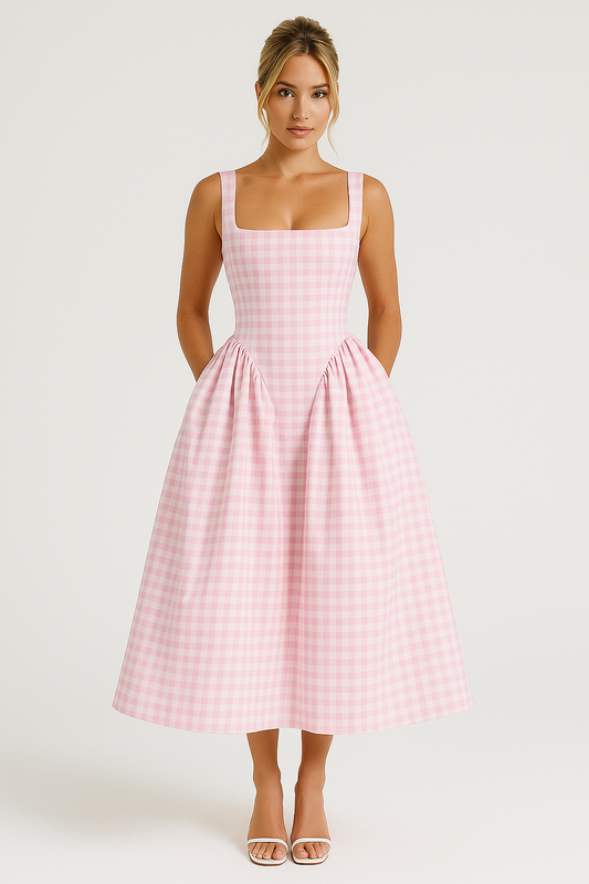 Women's Checkered Midi Dress - Elegant Princess Silhouette - Checkmate Charm