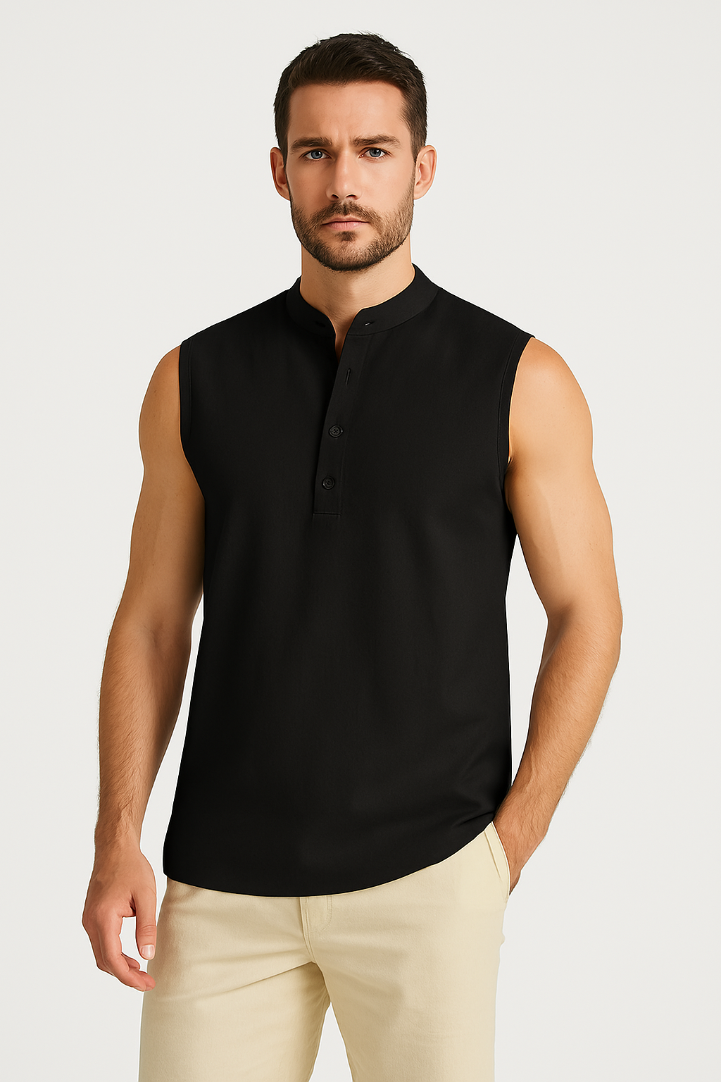 Men’s Sleeveless Vest – Cotton Blend – Relaxed Fit – Mandarin Collar – Half Button Black