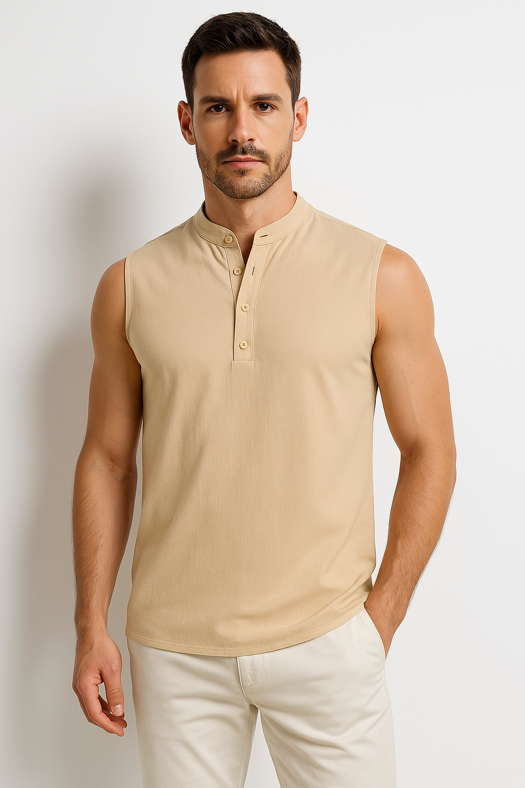Men’s Sleeveless Vest – Cotton Blend – Relaxed Fit – Mandarin Collar – Half Button Apricot