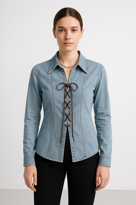 Women’s Denim Shirt Jacket – Tailored Fit – Lace-Up Front – Structured Long Sleeve Light Blue