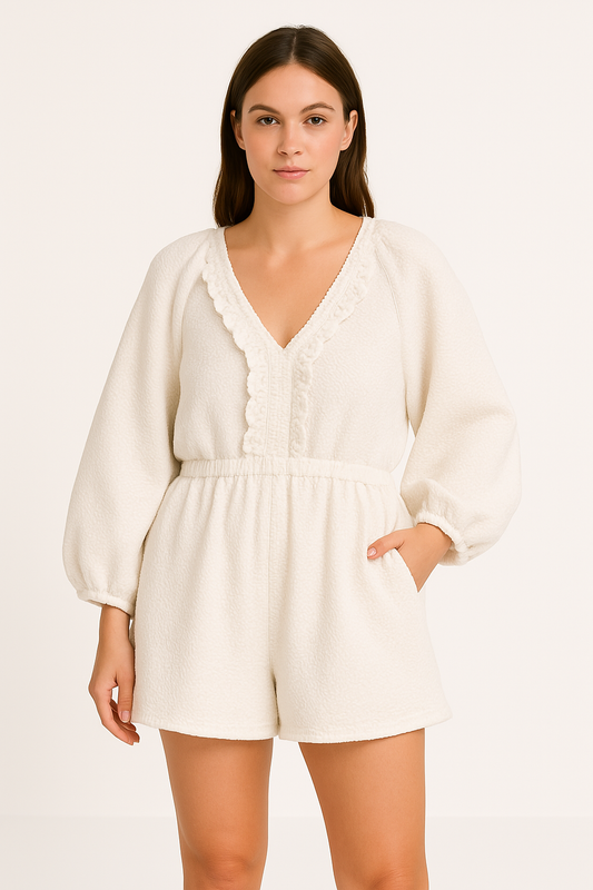 Women's Cotton Blend Romper V-Neck Puff Sleeve - RuffleDay