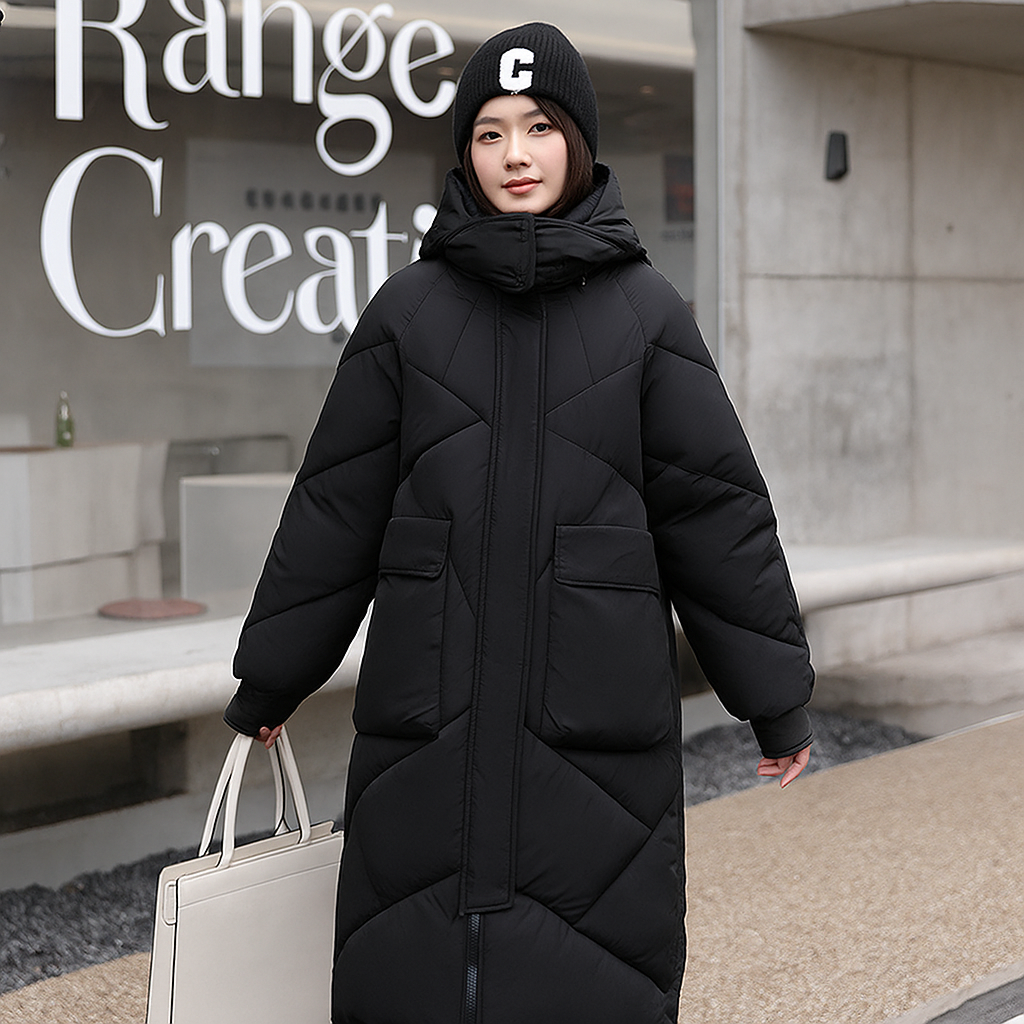 Women’s Quilted Coat – Oversized Fit – Padded Mid-Length – Hooded High Collar Black