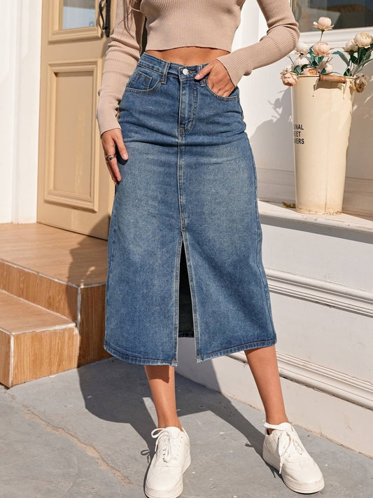 Women's Denim Midi Skirt High Waist Slit - CityChic