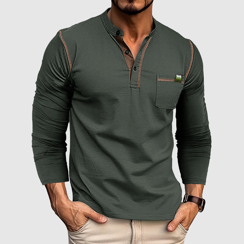 Men’s Henley Shirt - 100% Cotton - Long Sleeve - Buttoned Placket - Casual Fit Gray