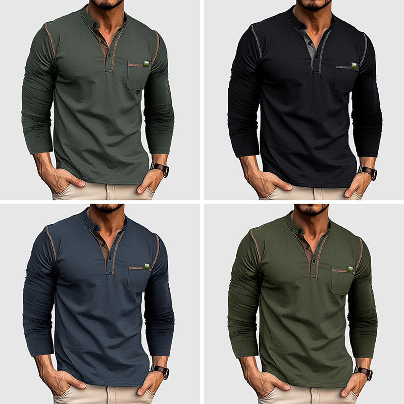 Men’s Henley Shirt - 100% Cotton - Long Sleeve - Buttoned Placket - Casual Fit